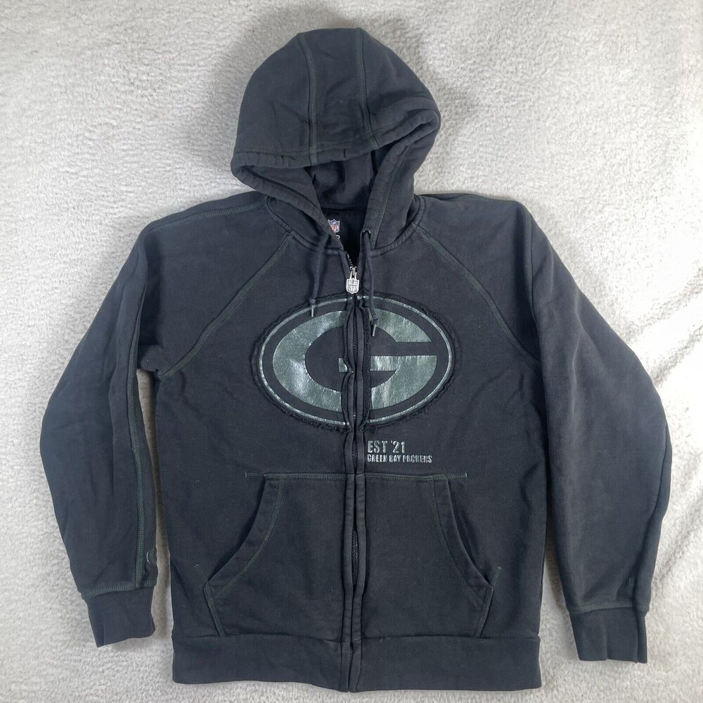 Green Bay Packers Hoodie Sweatshirt Mens Small Black Full Zip Hoodie Vinyl Print